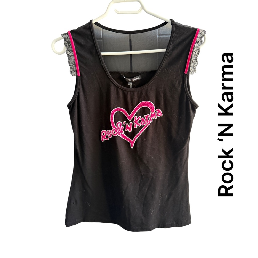 Rock ‘N Karma Tank Top with Pink logo beaded design, lace and ribbon accents XL